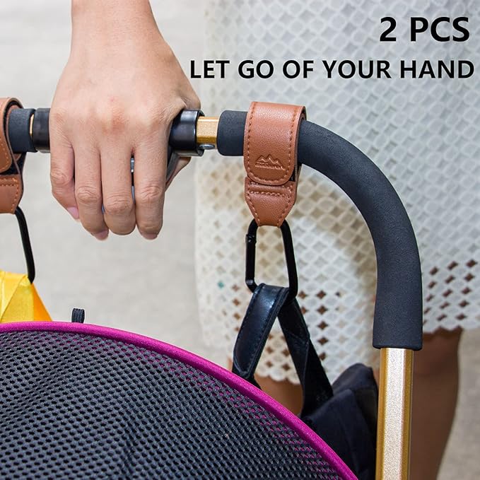 Baby Stroller Hooks Bag Hooks for Hanging Diaper Bags Multipurpose Hooks for Grocery Shopping Bags Premium Vegan Leather Pram Straps 2 Pcs (Black)