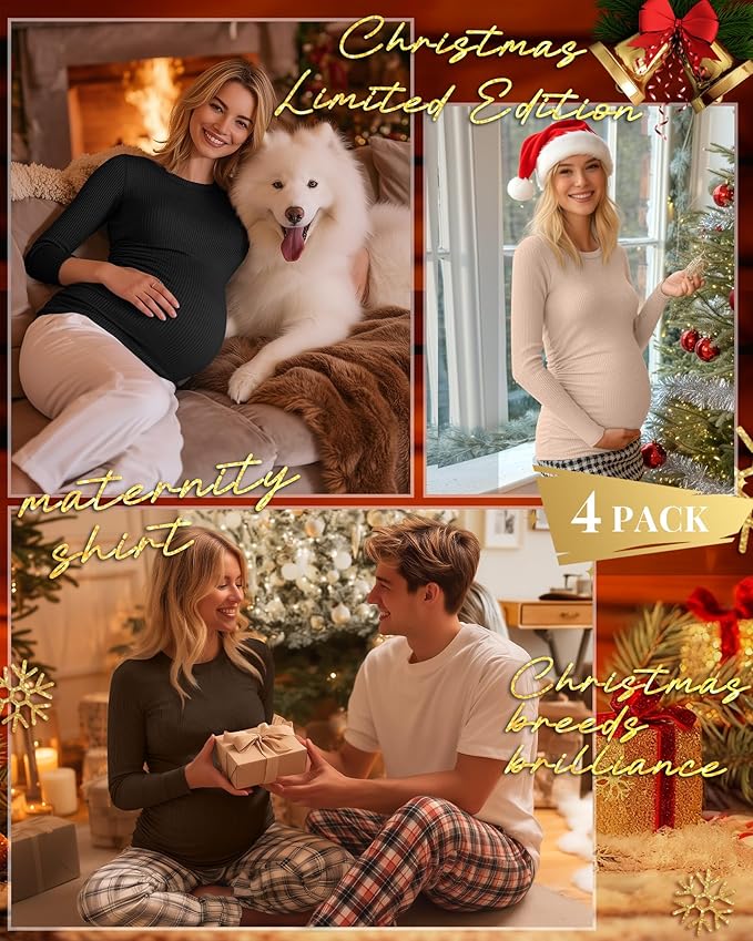 Ficerd 4 Pack Women's Maternity Shirts Cotton Long Sleeve Ribbed Crew Neck Pregnancy Tops Side Ruched Casual Mama Clothes