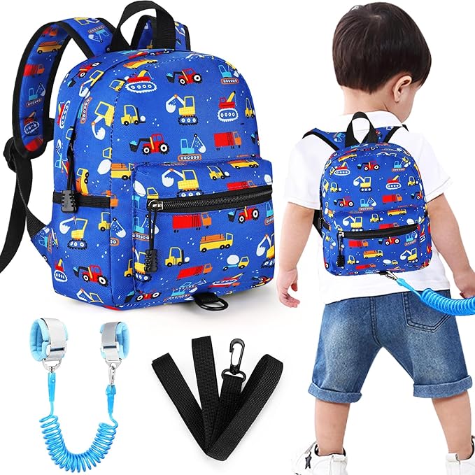 Accmor Toddler Backpack Leash with Anti Lost Wrist Link, Cute Mini Child Walking Harnesses Keep Kids Close Back Pack Rope Tether Rein for Baby Boys (Blue/Excavator)