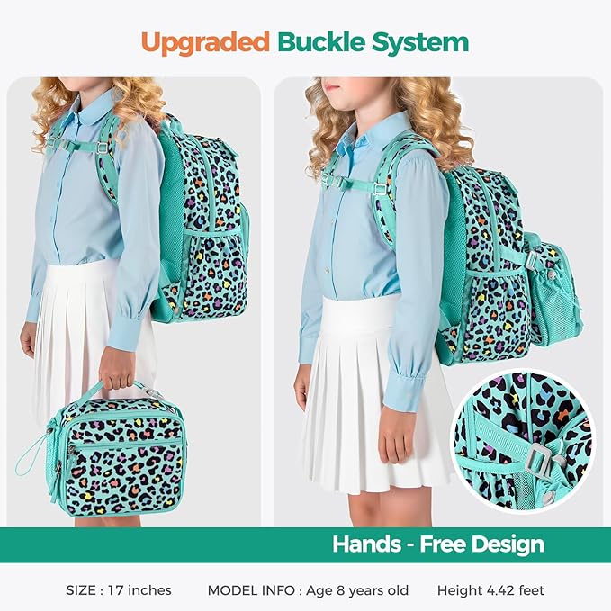 Choco Mocha Panda Backpack for Girls, Elementary School Backpack for Girls Ages 6-8 Kids Kindergarten Backpack Bookbag 17 Inch with Chest Strap, Teal