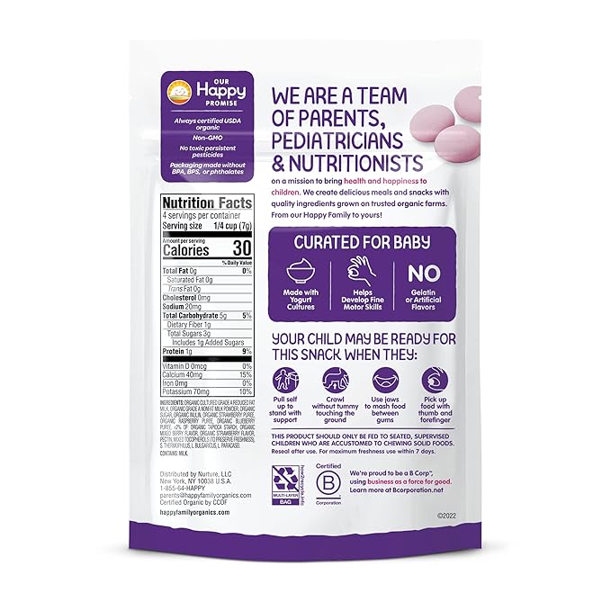 Happy Baby Organic Yogis Freeze-Dried Yogurt & Fruit Snacks, Mixed Berry, 1-Ounce Pouches (Pack of 8)