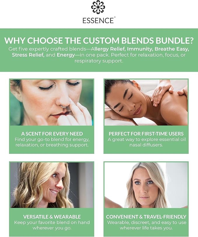 Essence Nasal Diffuser Custom Blends Bundle – Essential Oil Silicone Nose Rings for Energy, Immunity, Stress & Allergy Relief – Wearable Aromatherapy for Daily Wellness & Relaxation