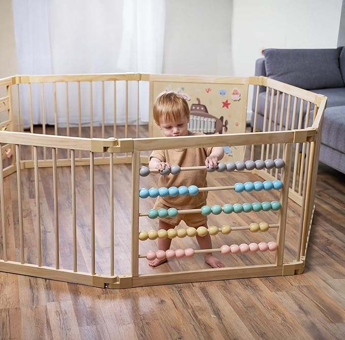 Wooden Playpen Extra Large for Toddlers and Babies - Under The Sea Theme Toy Desighn - (8/10) Wood Panels - Foldable and Adjustable Baby playpen - Extra Large Baby playpen (8-Panels)