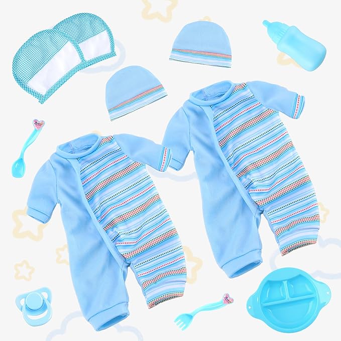 Toy Choi's Twin Baby Dolls - 12 inch Two Soft Body Black and White Doll with Accessoires, Dolls Play Set for 2 3 4 5 Year Old Boys and Girls Gift | Blue Outfit Doll Set