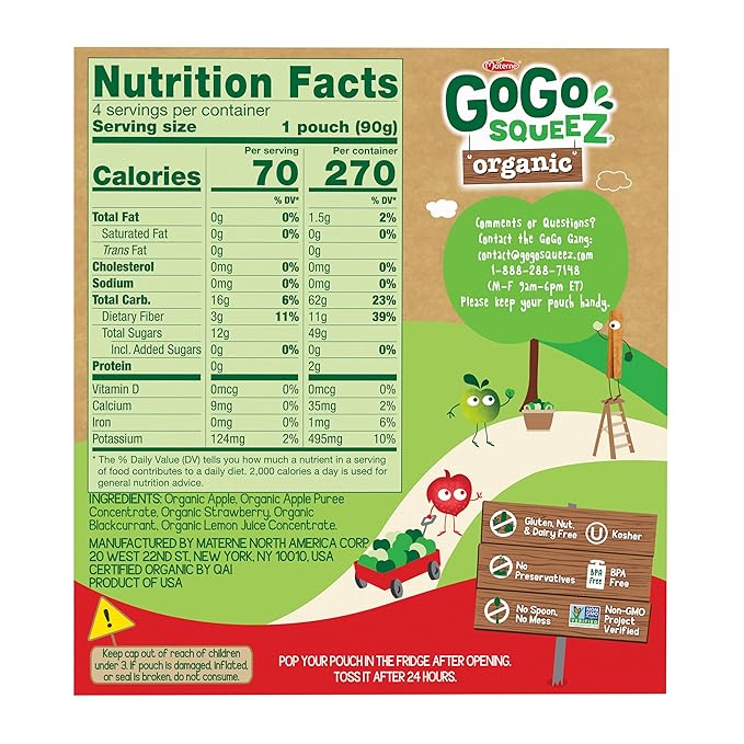 GoGo squeeZ Organic Applesauce and Fruit Puree Apple Strawberry, 3.2 oz (Pack of 48), Unsweetened Organic Fruit Snacks for Kids, Gluten Free, Nut Free and Dairy Free, Recloseable Cap, BPA Free Pouches
