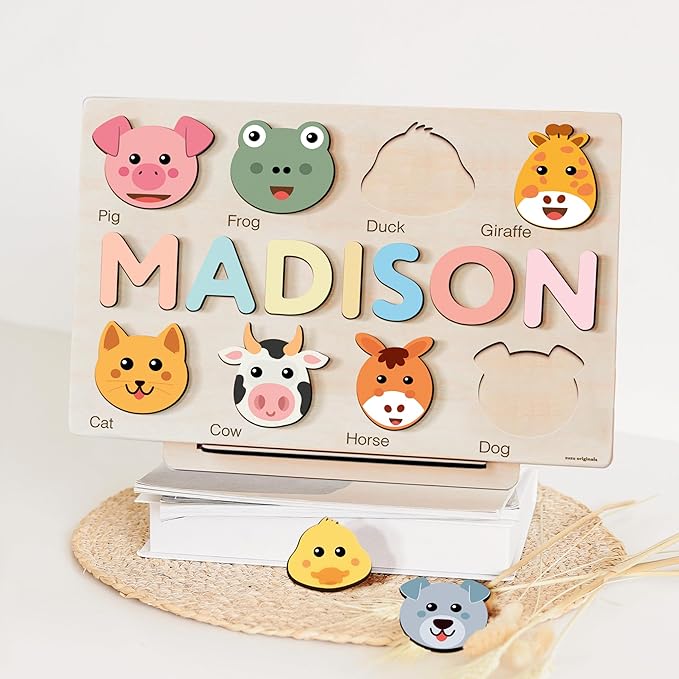 Personalize Name Puzzle for Toddler with Animal, Baby Gift for Girl and Boy 0 1 2 3 Year Old, Personalized Puzzle for Kid, 1 Year Old Kid Gifts, Customized Baby Gift, Educational Name Toy