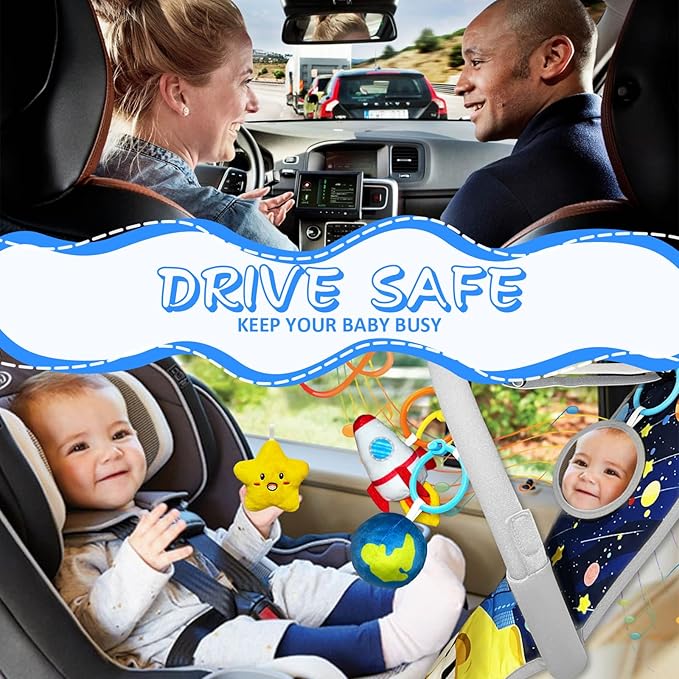 Car Seat Toys for Baby Infant 6 Months and Up, Carseat Toys with Musical Pedal Piano, Baby Mirror and Hanging Squeaky Sensory Soft Baby Toys 6 to 12 Months, Baby Car Toys Rear Facing