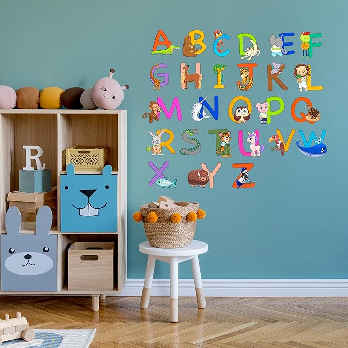 ABC Educational Wall Stickers for Kids - Animal Alphabet Wall Decals by Lipastick - Peel and Stick Letters for Boys and Girls Bedroom, Baby Room, Nursery Decor - Removable Wall Art