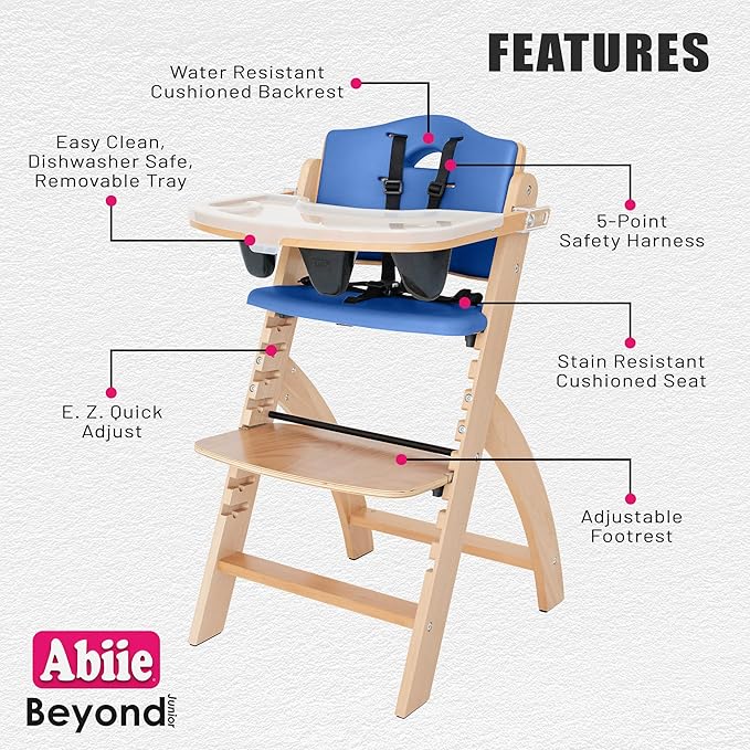 Abiie Beyond Junior Wooden High Chair with Tray - Adjustable and Convertible High Chair for Babies and Toddlers - 6 Months to 250 Lb - Water Resistant - Natural Wood/Blueberry Cushion