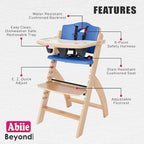 Abiie Beyond Junior Wooden High Chair with Tray - Adjustable and Convertible High Chair for Babies and Toddlers - 6 Months to 250 Lb - Water Resistant - Natural Wood/Blueberry Cushion