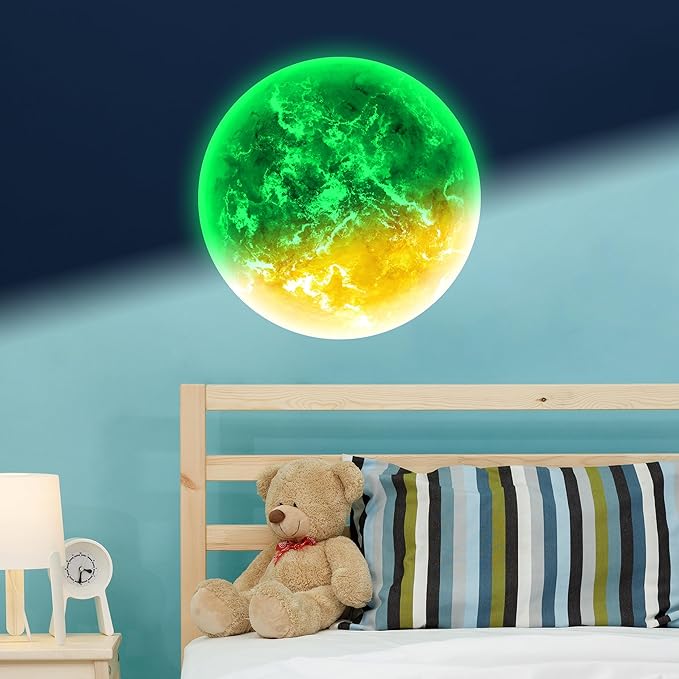 Glow in The Dark Sun for Ceiling, Luminous Planet Wall Sticker, Kids Bedroom Wall Decal, Sticky Fluorescence Sun, Gift for Boys and Girls (Green)