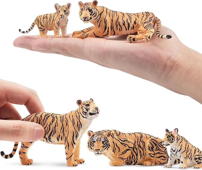 Toymany 6PCS Realistic Tigers Figurines with Tiger Cubs, 2-6" Jungle Animals Figures Family Set, Educational Toy Cake Toppers Christmas Birthday Gift for Kids Toddlers