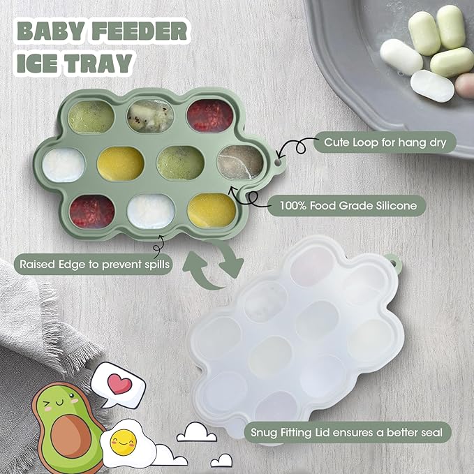 Baby Fruit Food Feeder & Breastmilk Popsicle Molds for Teething Relief, Baby Feeding Sets, 1 Freezer Tray with Lid & 1 Teether Toy & 1 Silicone Teething Pacifier Feeder, Extra Food Pouches (Green)