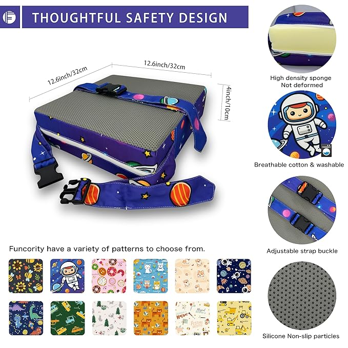 Toddler Booster Seat for Dining Table, Portable Booster Seat for Kitchen Chair, 4 Inch High-Density Foam Cushion with Adjustable Safety Straps and Non-Slip Bottom, Perfect for Kids Travel and Daily
