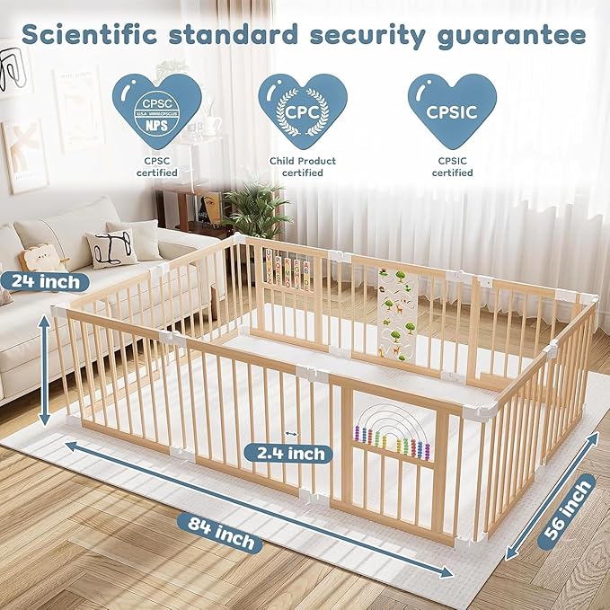 Foldable Wooden Baby Playpen Activity Center,Adjustable Size & Shape Portable Play Yard, Baby Fence Play Area with Gate for Indoor Use for Babies and Toddlers(84x56x24inches)
