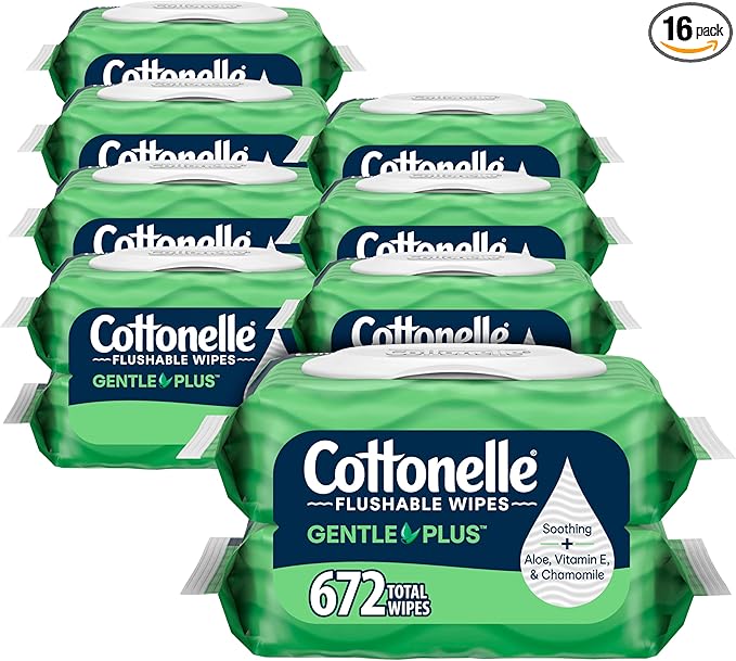 Cottonelle GentlePlus Flushable Wet Wipes with Aloe & Vitamin E, 16 Flip-Top Packs, 42 Wipes Per Pack (672 Total Wipes), Packaging May Vary