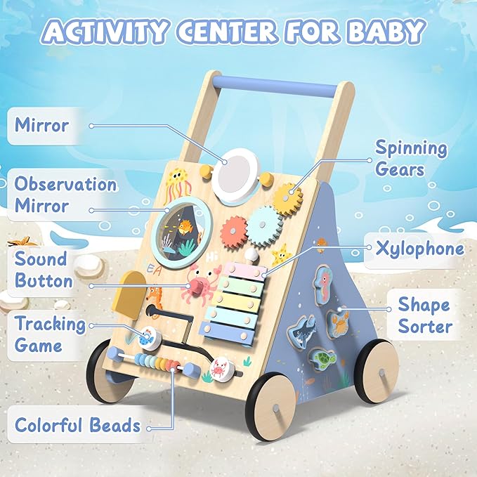 Ocean-Themed Wooden Baby Walker with Activity Center, Montessori Push Walker Toy for Babies 18 Months, Safe First Steps Baby Walking Aid for Boys & Girls