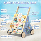 Ocean-Themed Wooden Baby Walker with Activity Center, Montessori Push Walker Toy for Babies 18 Months, Safe First Steps Baby Walking Aid for Boys & Girls