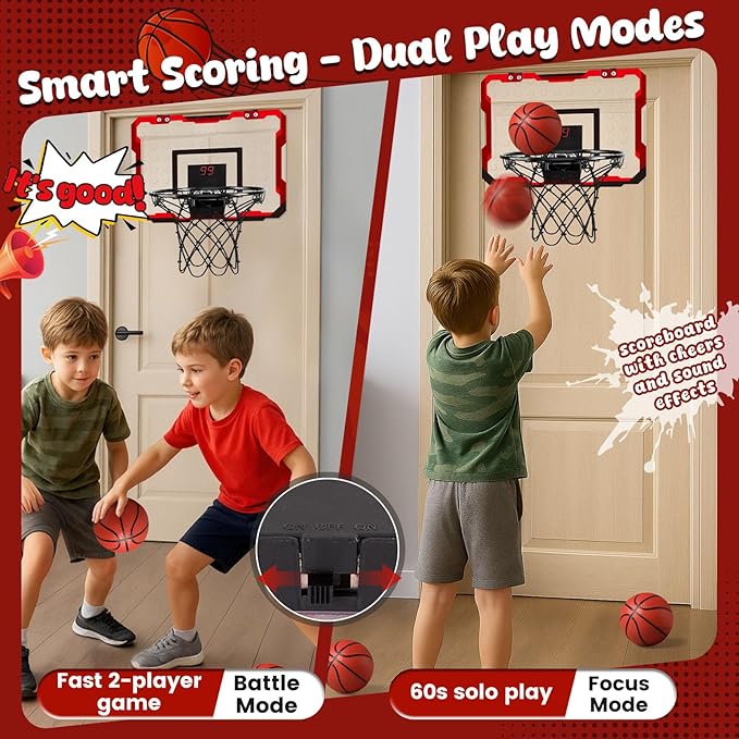 LovesTown Indoor Mini Basketball Hoop for Kids, Basketball Hoops Over The Door with LED Lighting, Mini Hoop with 4 Balls Electronic Scoreboard Toys, Sports Toys Gifts for Boys Girls