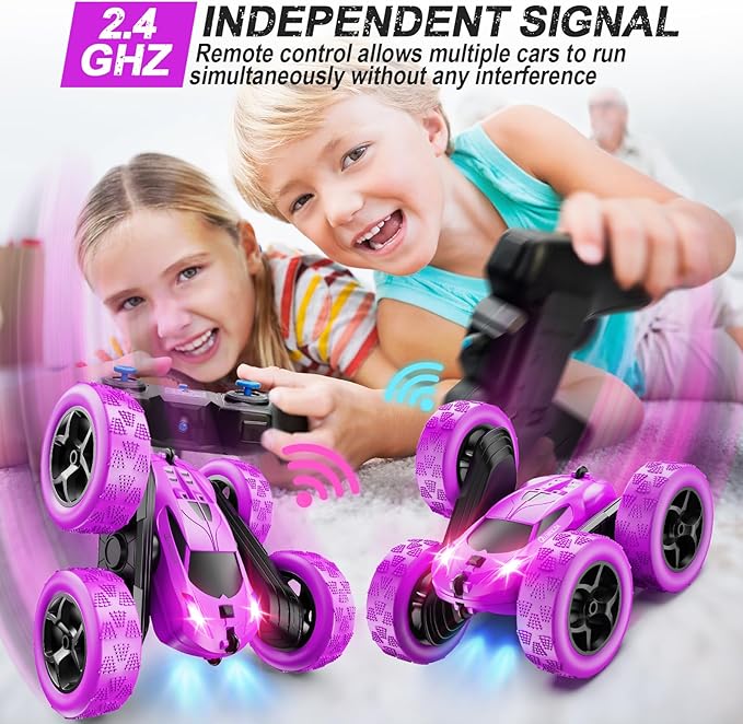 RC Cars, Purple Remote Control Car for Girls, 2.4 GHZ Double Sided RC Stunt Car 360° Rotating Remote Control Crawler with Headlights Car Toys for 6 7 8 9 10 11 12 Girls Birthday Gift