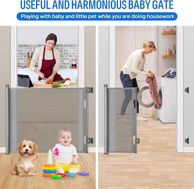 Retractable Baby Gate, Extra Wide Safety Kids or Pets Gate, 33” Tall, Extends to 55” Wide, Mesh Safety Dog Gate for Stairs, Indoor, Outdoor, Doorways, Hallways, Easy to Wipe(Grey)