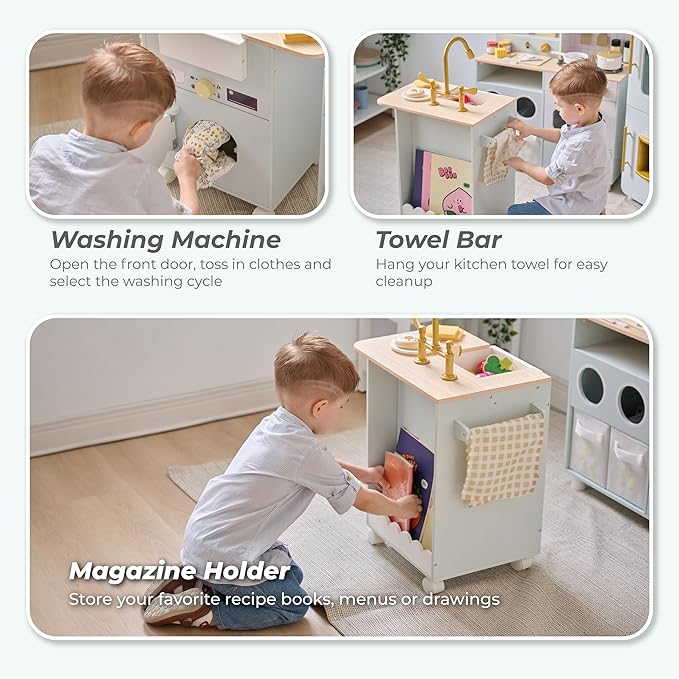 Teamson Kids Little Chef Savannah Wooden Montessori Pretend Play Kitchen for Toddlers Kids Ages 3+ Modular Three-Piece Set with Sink Cart Stove & Fridge for Boys and Girls Playset, Green