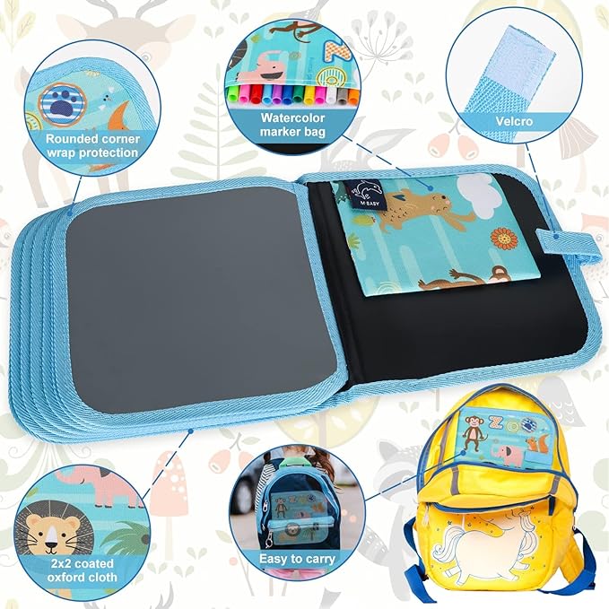 Erasable Doodle Set for Kids - Reusable Magic Drawing Book with 12 Watercolor Pens 14 Page Drawing, Road Trip Car Game Writing Painting Set for Boys and Girls (Blue Zoo)