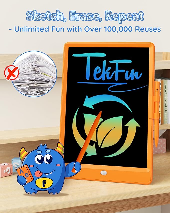 TEKFUN Toys for Girls Boys 10IN LCD Writing Tablet, Magic Doodle Board with Anti-Lost Stylus, Mess Free Coloring for Toddlers Drawing Pad, Toddler Travel Car Plane Trip Toys Gifts (Orange)