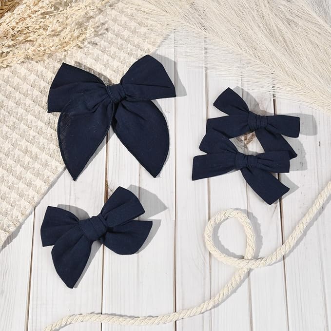 DEEKA 4 PCS Navy Blue Cotton Linen Hair Bows 3 Styles 5" & 4" Handmade Hair Bow set for Toddler Girls Alligator Hair Clips Knot Bows Hair Accessories for Little School Girls (Navy Blue)