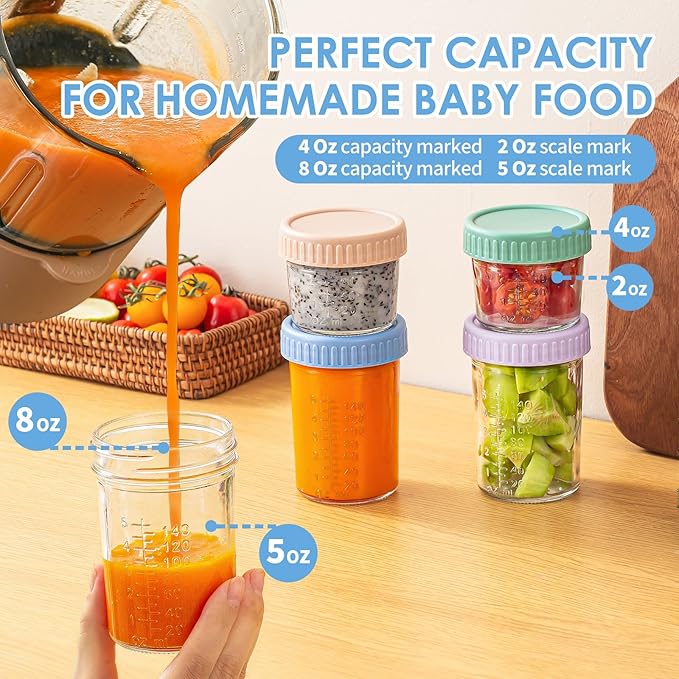DRKIO 12 Pack Glass Baby Food Storage Containers - 4 & 8 oz Baby Food Jars with Lids Baby Food Maker Microwave Dishwasher Freezer Safe 100% Leak Proof BPA Free Reusable