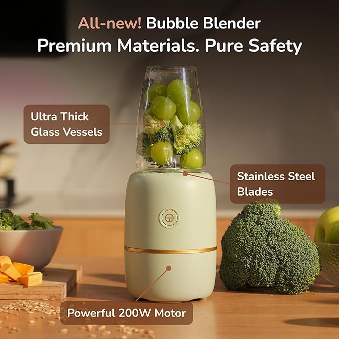 Bubble Blender, Baby Food Maker & Puree Blender with 2 Borosilicate Glass Cups, Compact Baby Bullet for Smoothies, Hands-Free One-Touch, 200W Motor, Sage