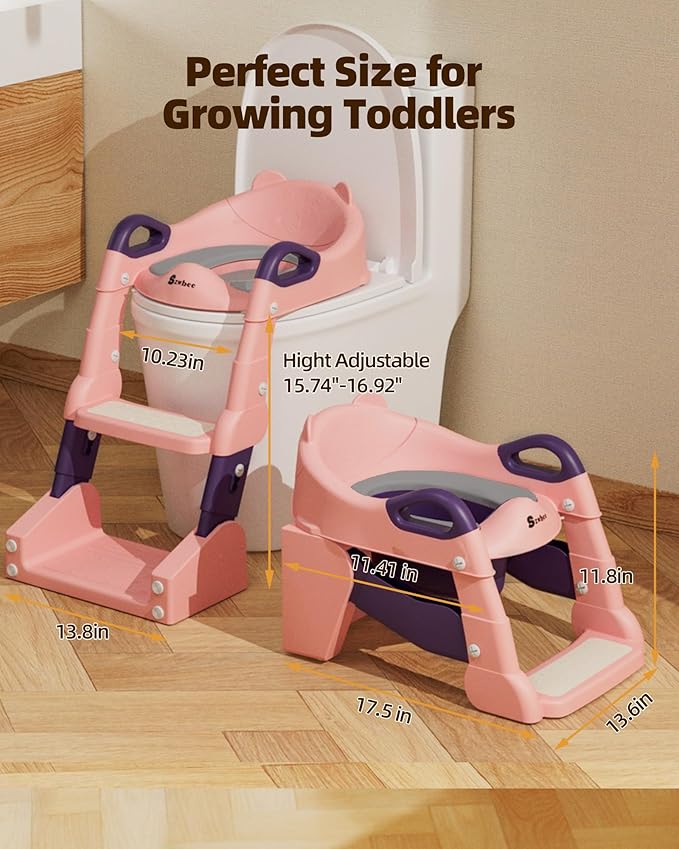 3-in-1 Potty Training Toilet, Toddler Toilet Seat with Step Stool, Foldable Potty Ladder with Potty Chart, PU Cushion, Splash Guard, Anti-Slip Steps & Urinal for Girls & Boys, Pink