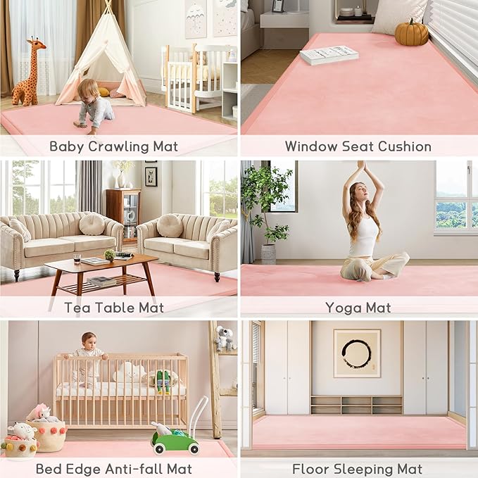 Baby Play Mat for Floor Tummy Time Mat Nursery Rug Muscle Area Rug Playroom Tatami 79"x118" Memory Foam 1.3" Thick Crawling For Babies,Toddlers, Infants, Kids,Floor(Pink)
