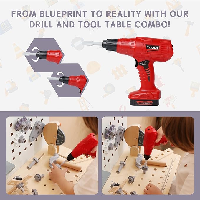 Wooden Kids Tool Bench with Electric Drill, Toddler Tool Bench with Storage Drawers and Platform, Toy Workbench Workshop with Play Tools Set for Boys and Girls, Perfect for Ages 3+