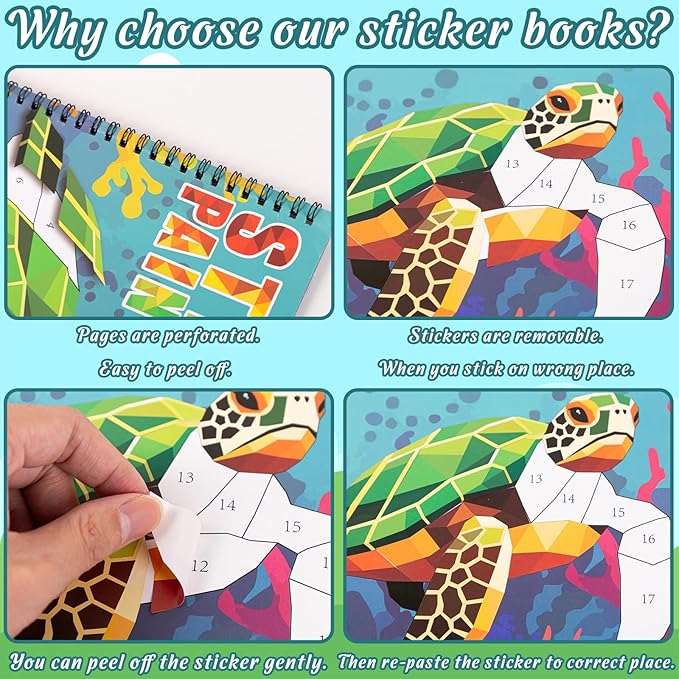 90shine 4PCS Crafts for Kids Ages 4-8 Sticker Paint Books Includes Dinosaur Marine Land Animals Multicolored Design Gifts Create 40 Pictures