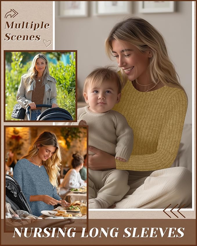 3 Pack Women's Nursing Long Sleeve Tops Breastfeeding Thermal Sweaters with Hidden Zipper Maternity Ribbed Shirts