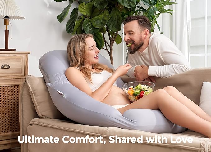 Momcozy Pregnancy Pillow with Cooling Cover, Dreamlign U Pro Maternity Pillow with Adjustable Leg Pillow - Support for Back, HIPS, Belly, Legs for Pregnant Women, 50-72 Inch Full Body Pillow, Grey