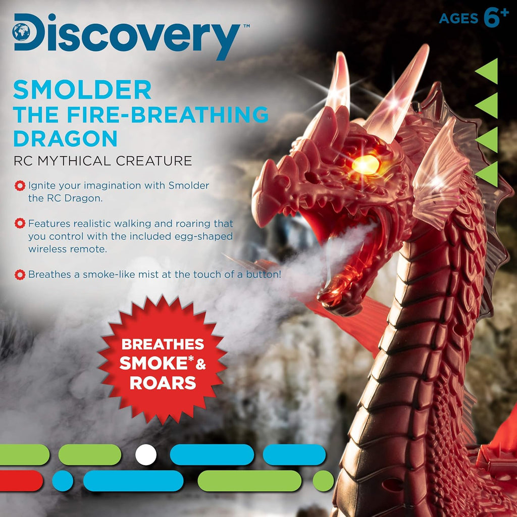 Discovery Kids RC Dragon Smoke, Large Dinosaur Toy w/Actual Smoke Breath, Wing-Flapping, Roaring, Light-Up, Realistic Sound, Easy to Use Remote Control, Fire Mist, Fun Robot Birthday