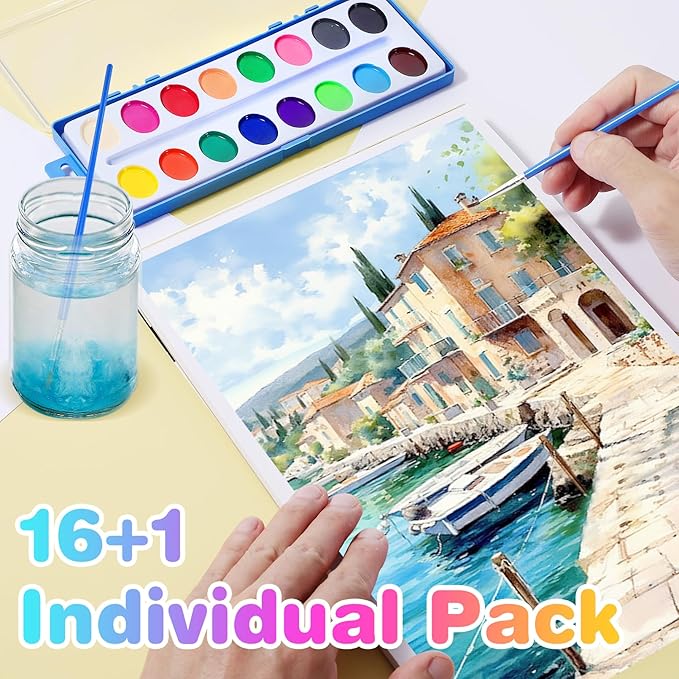 15 Pack Watercolor Paint Set for Kids, 16 Colors Washable Water Colors with Paint Brushes, Washable for Classroom Party Favor Art Activities