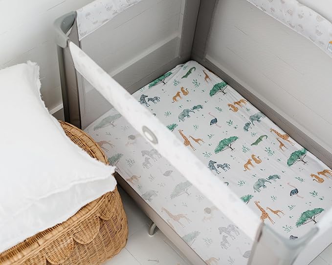 Pack and Play Sheets Fitted, Mini Crib Sheets for Graco Pack N Play Playard (38x26), Ultra Soft Organic Cotton Blend, Safe & Snug Playpen Mattress Sheet for Baby Boys & Girls, Safari Adventure, 2-Pack