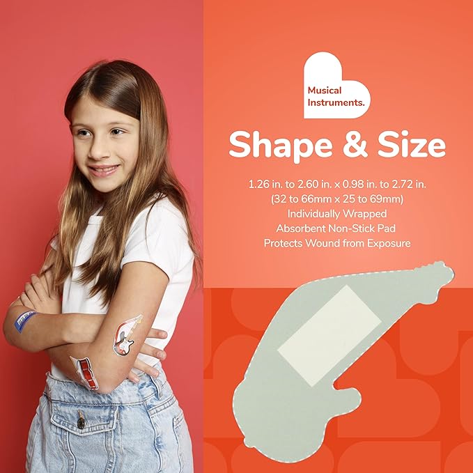 BioSwiss Bandages, Musical Instruments Shaped Self Adhesive Bandage, Latex Free Sterile Wound Care, Fun First Aid Kit Supplies for Kids and Adults, 24 Count