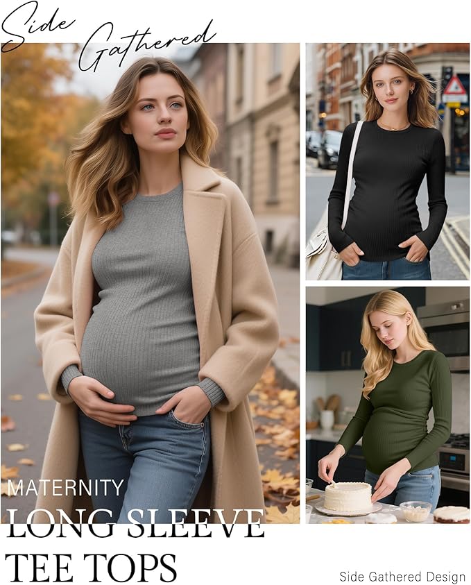 Ficerd 4 Pack Women's Maternity Shirts Cotton Long Sleeve Ribbed Crew Neck Pregnancy Tops Side Ruched Casual Mama Clothes