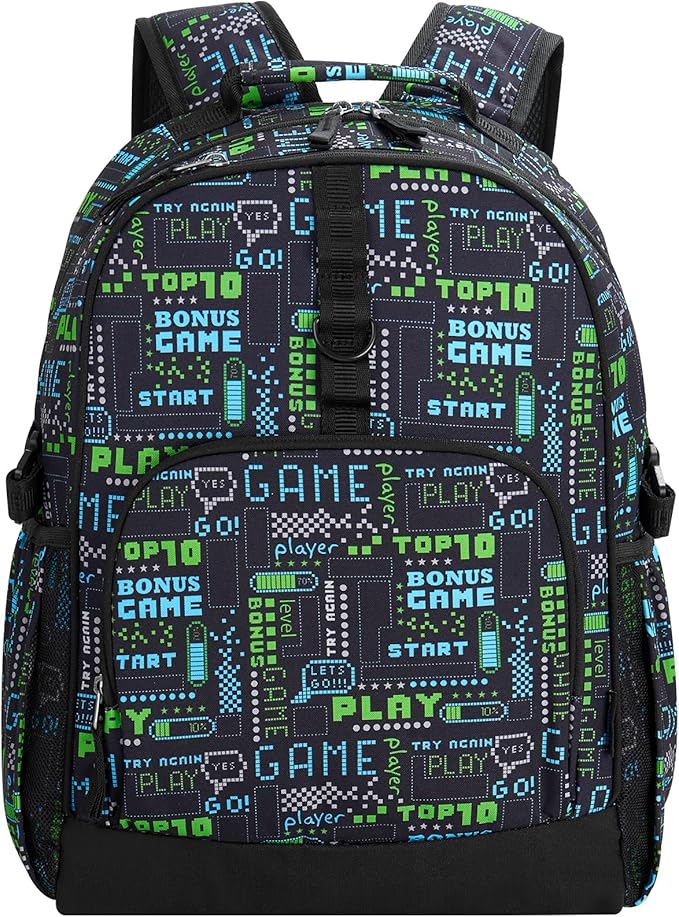 Choco Mocha Gamer Backpack for Boys, Elementary School Backpack for Boys Ages 6-8 Kids Kindergarten Backpack Bookbag 17 Inch with Chest Strap, Black