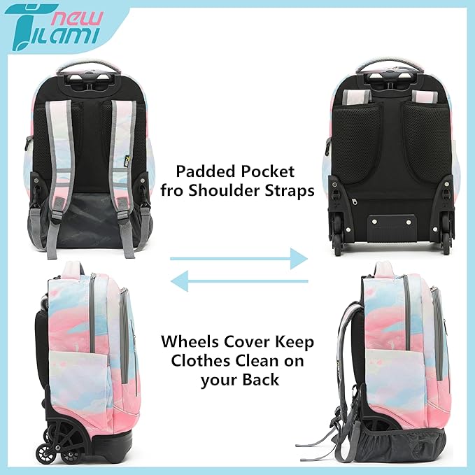 NEW TILAMI 18 inch Rolling Backpack for Girls – Waterproof, Large Capacity, Stair-Climbing Design, Adjustable Handle, Great for School, Pink Sunset