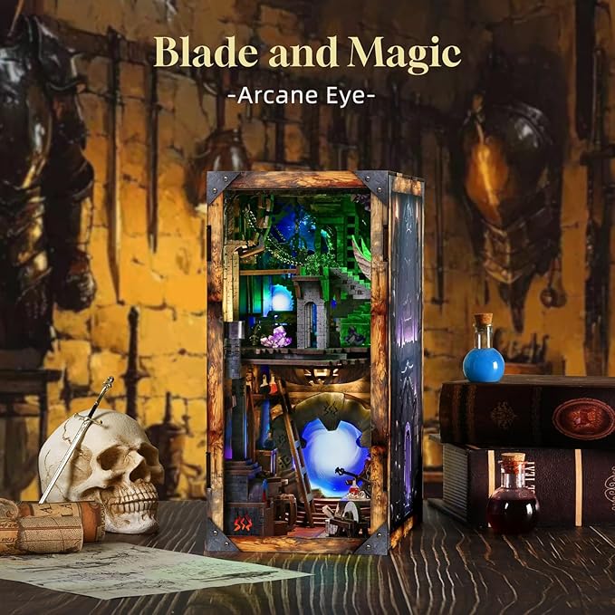 Book Nook Kit, DIY Dollhouse Booknook, Miniature Kit for Bookshelf Insert Decor Crafts for Adults Teen Halloween, 3D Wooden Puzzle with Led Light (Blade and Magic)