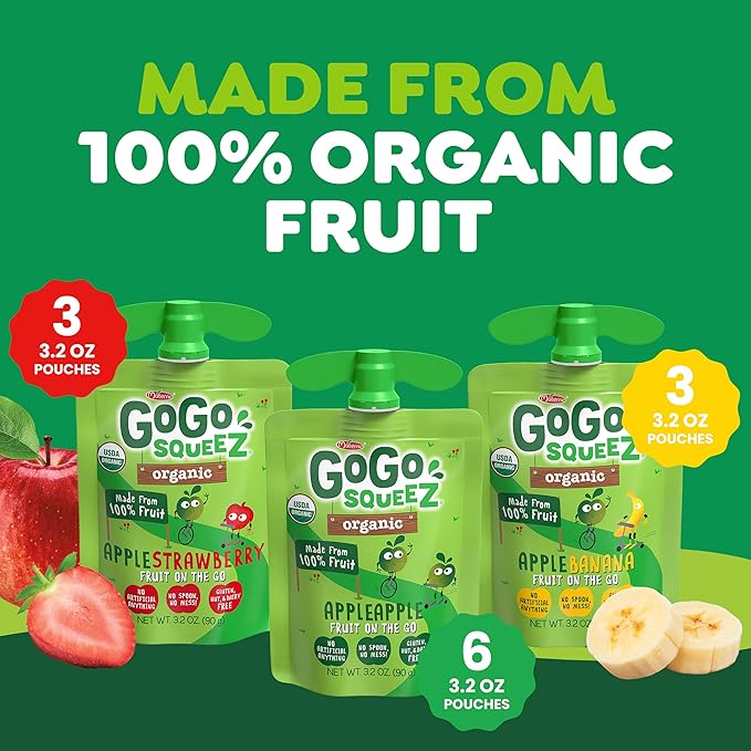 GoGo squeeZ Organic Applesauce and Fruit Puree, Variety Pack, Apple, Strawberry & Banana, 3.2 oz (Pack of 12), Unsweetened Organic Fruit Snacks for Kids, No Gluten, Nut & Dairy, BPA Free Pouches