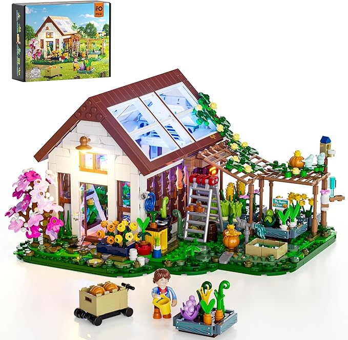 FUNWHOLE Botanical-Garden Greenhouse Lighting Building-Bricks Set - Farm Flower House Collection LED Light Model Display Set 1428 Pcs for Adults and Teens