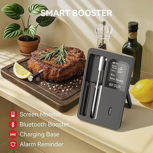 BFOUR 524FT Meat Thermometer Digital Wireless with Smart App, Bluetooth Smoker Cooking Thermometer with LCD Booster, IP67 Waterproof & 752°F Heat Resistance 2 Meat Probes for Food Grill Oven and BBQ