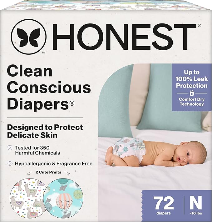 The Honest Company Clean Conscious Diapers for Delicate Skin | Up to 100% Leakproof | Hypoallergenic, Fragrance Free | Gender Neutral | Club Box, Size Newborn, 72 Count (Prints May Vary)