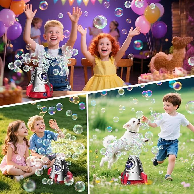 Rocket Bubble Machine for Kids with Lights, 360° Rotating Bubble Blower Toy with 10 Refill Solutions, Bubble Maker for Toddlers, Fun Outdoor Party Gift for Boys & Girls RED